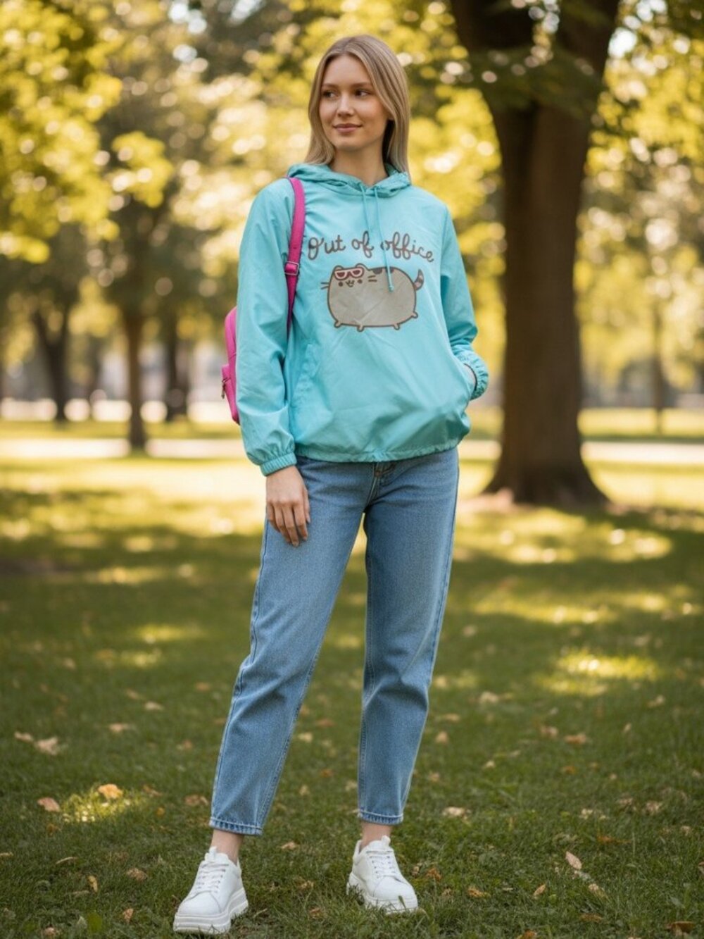 Pusheen "Out of Office" Hooded Windbreaker Anorak‎ in Sky Blue